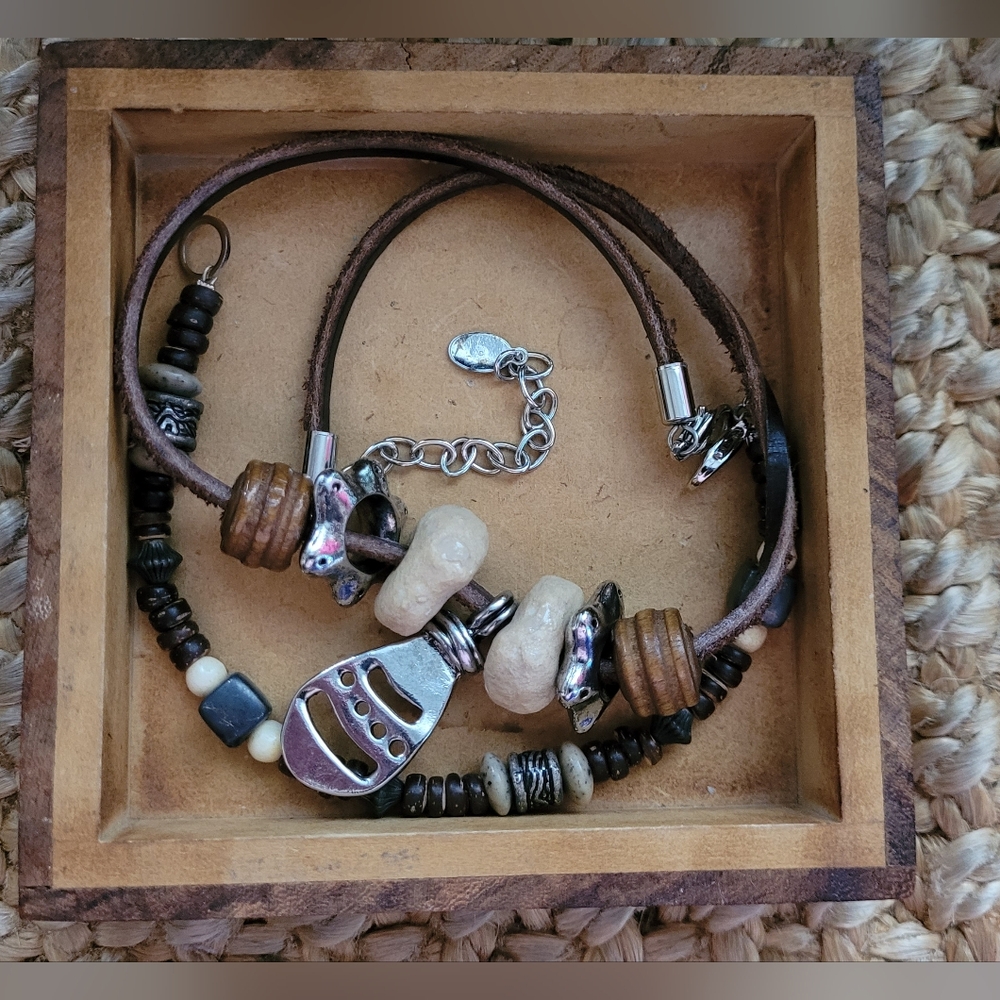 Vtg Robert Rose Leather Strand and Natural Element Necklace & Bracelet Set